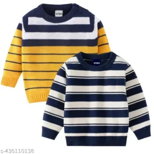 GTWO Kids Winter Wear Dress Striped Handmade Woolen Full Sleeve Pullover Sweater Round Neck Woolen Sweatshirt for Baby Toddler Children Girls and Boys (Pack of 2)